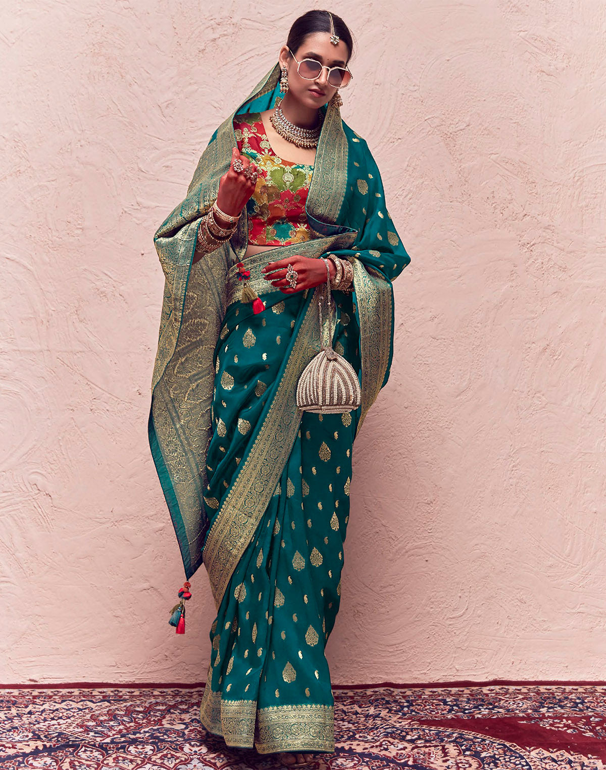 Peacock Blue Banarasi Crepe Dola Silk Saree with Designer Blouse