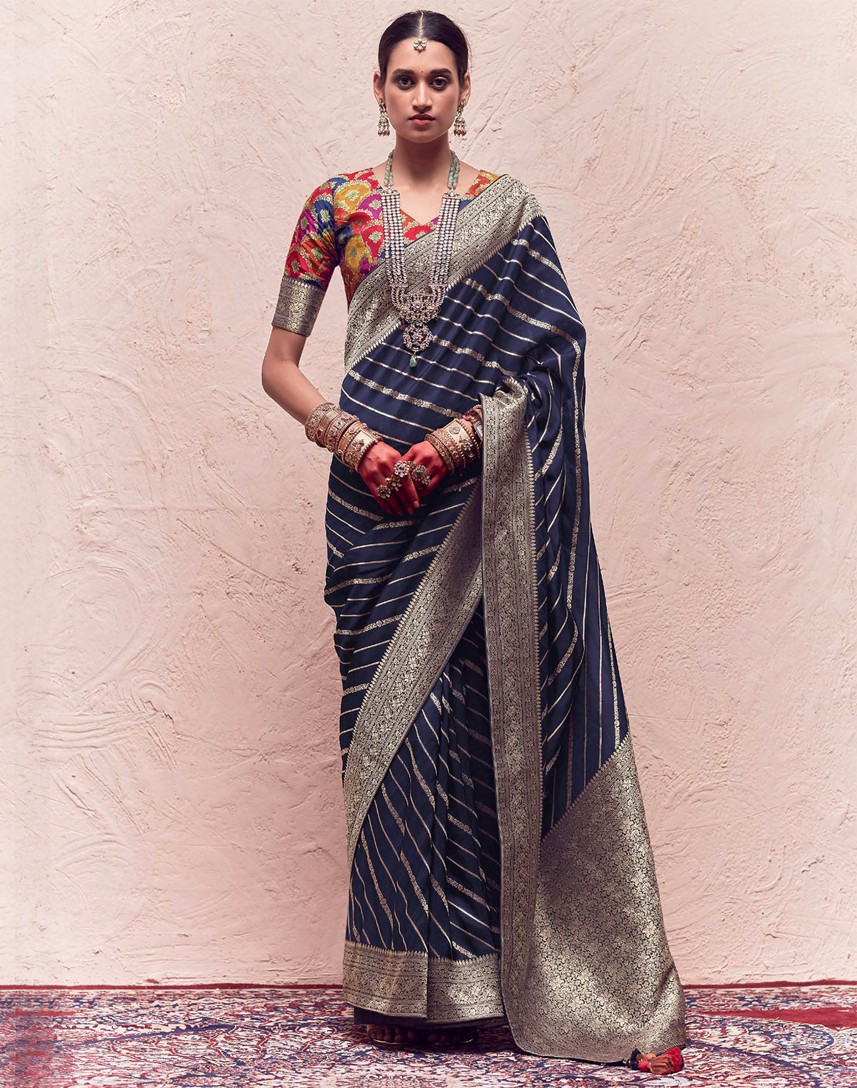 Dark Navy Blue Banarasi Crepe Silk Saree with Designer Blouse