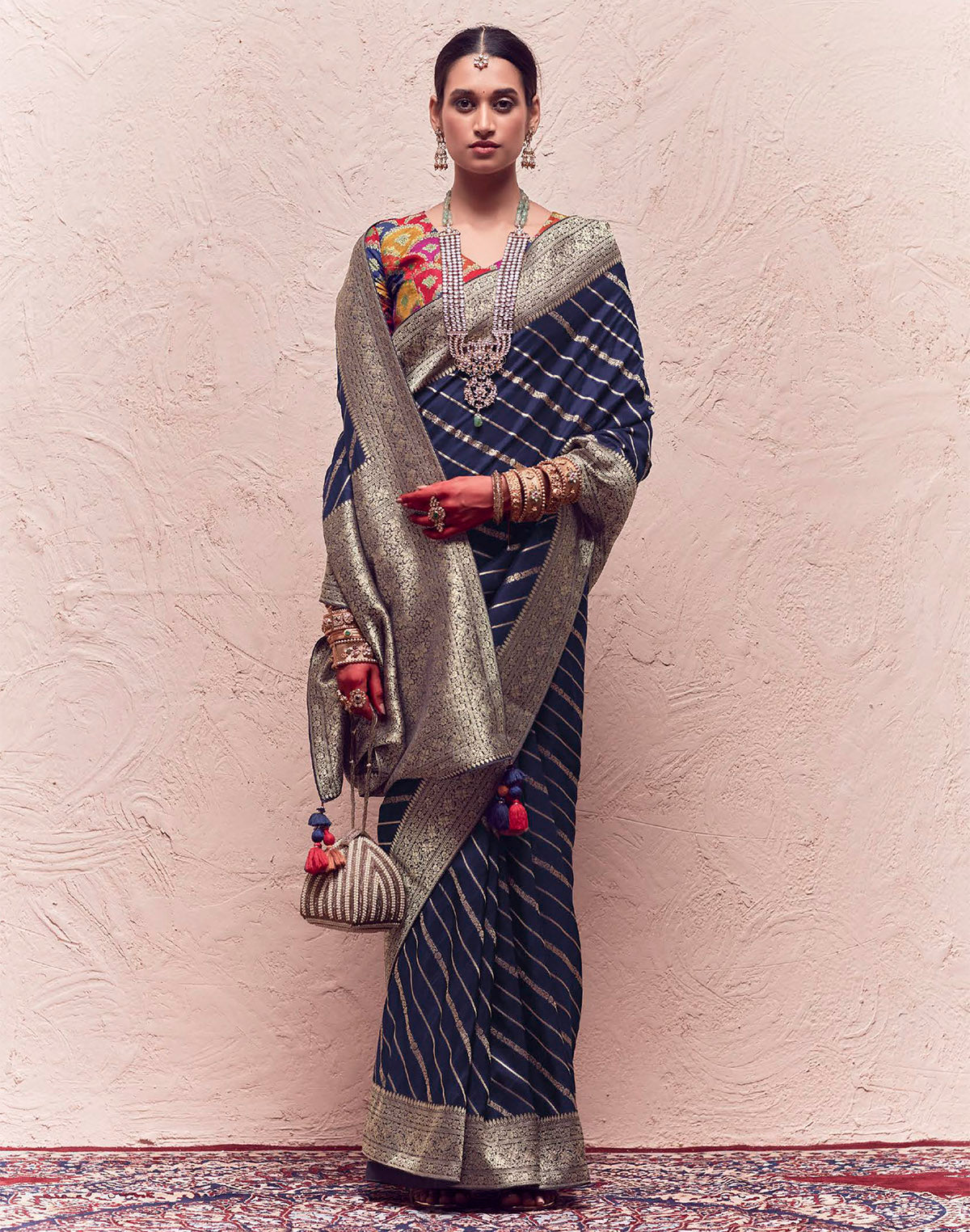 Dark Navy Blue Banarasi Crepe Silk Saree with Designer Blouse