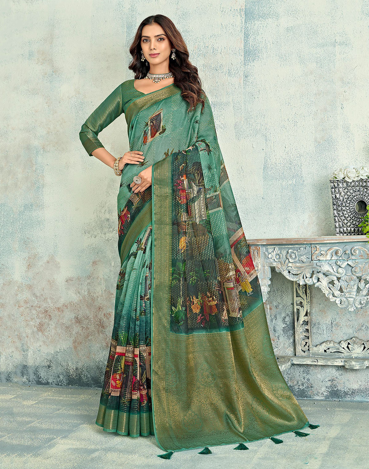 Green Digital Floral Print Tissue Saree with Zari Border