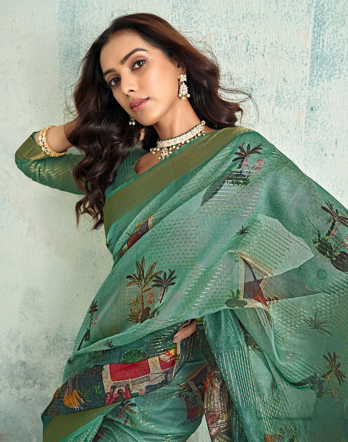 Green Digital Floral Print Tissue Saree with Zari Border