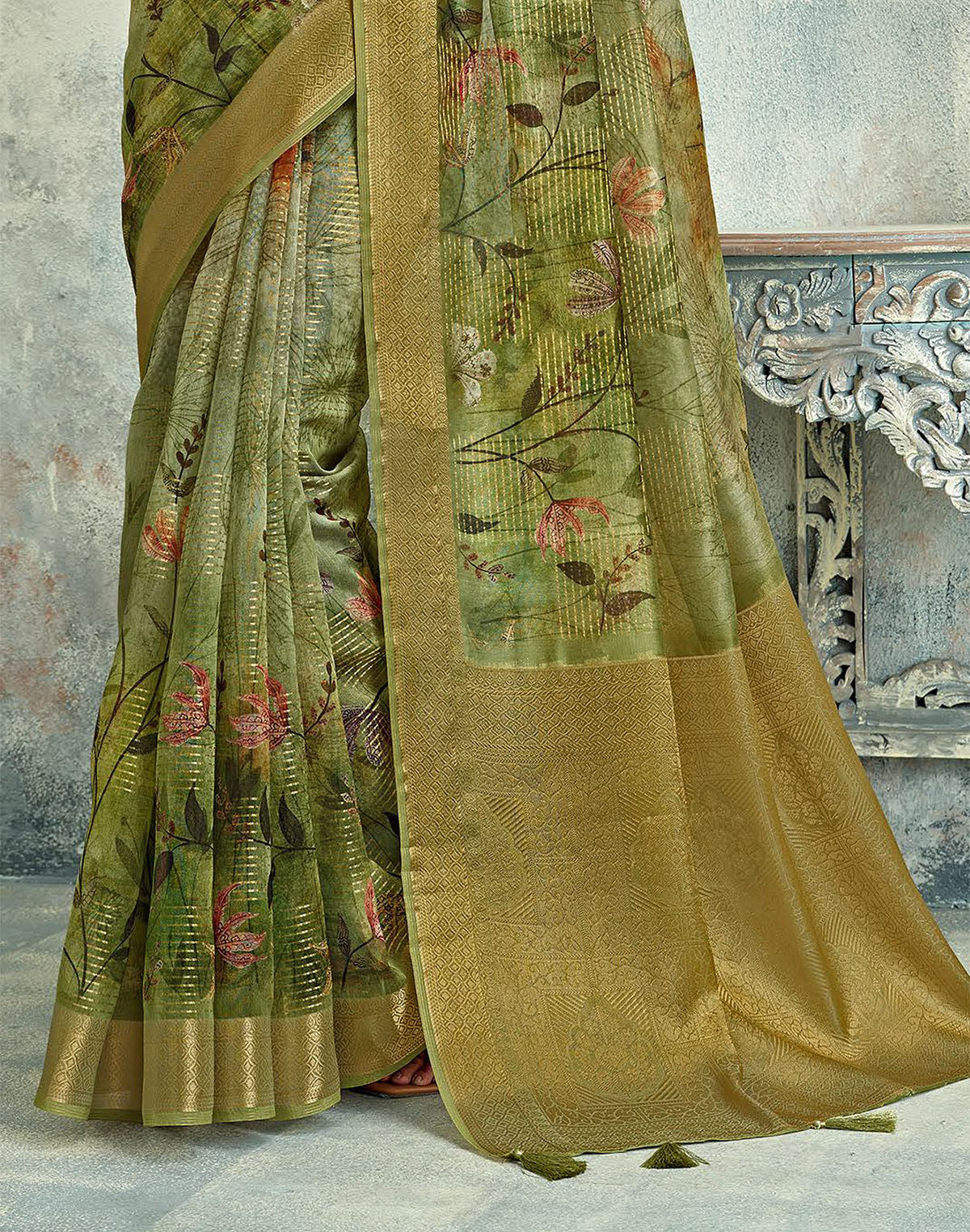 Mehendi Green Tissue Floral Digital Print Saree with Tussels