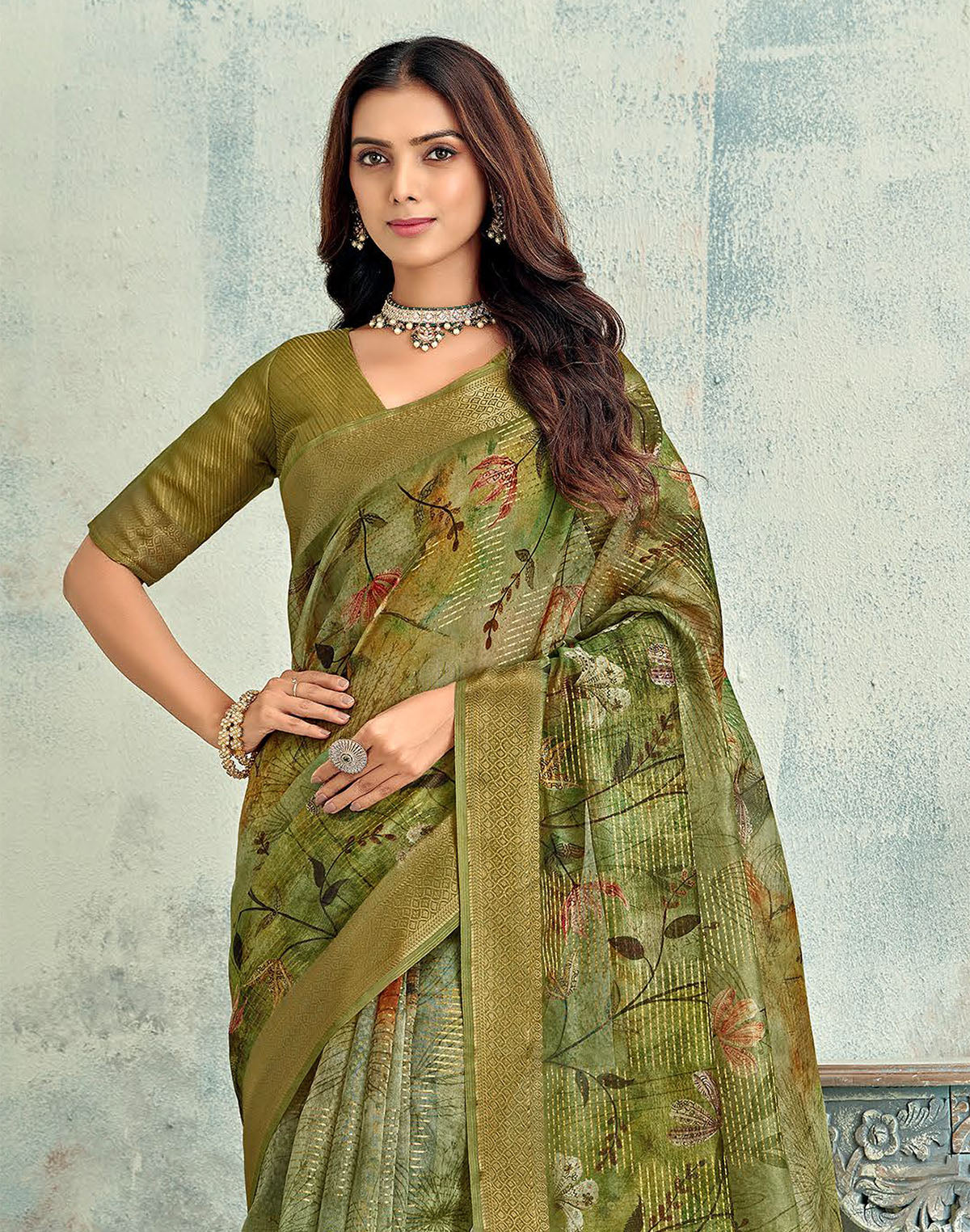 Mehendi Green Tissue Floral Digital Print Saree with Tussels