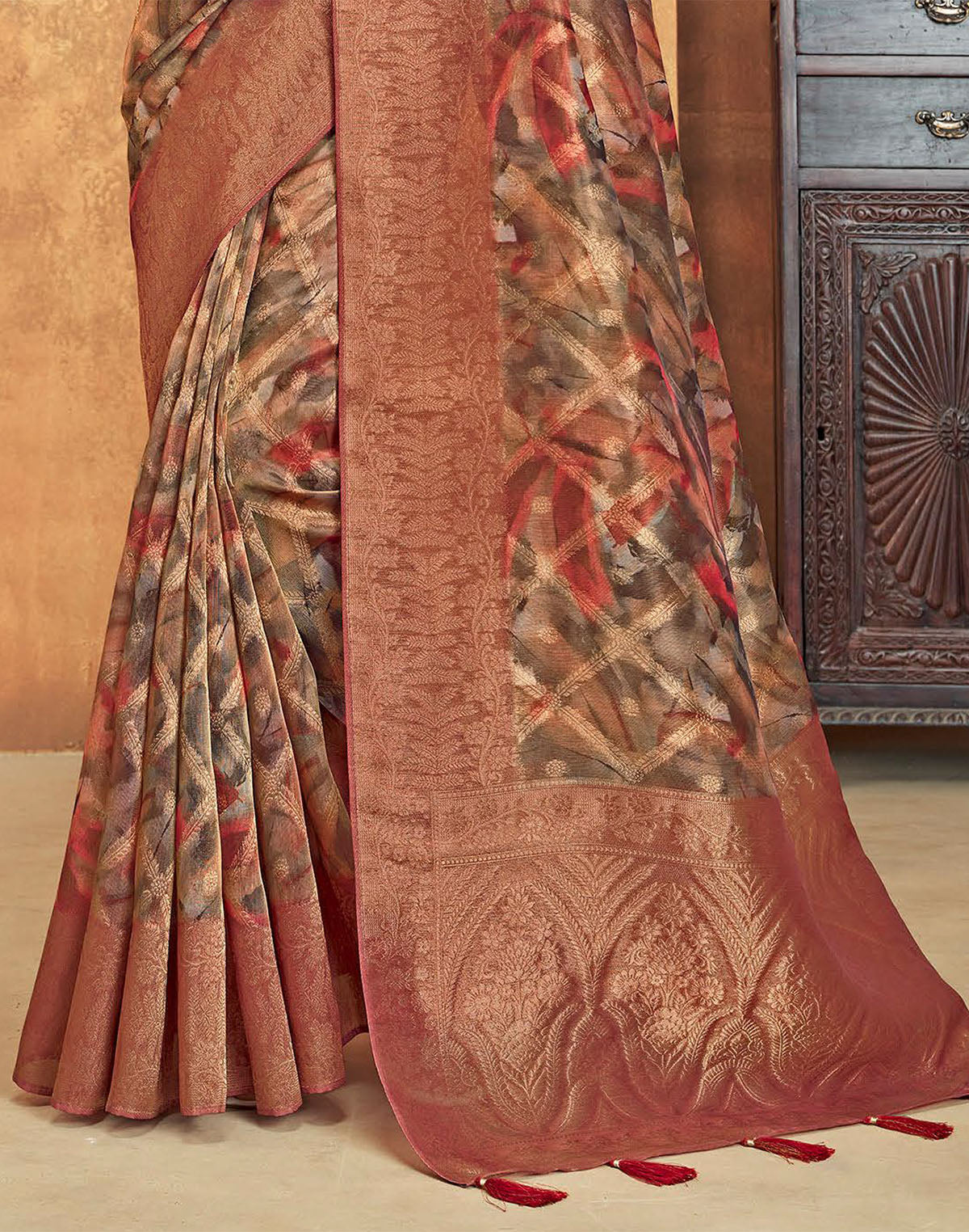 Brocade design Organza Red Saree
