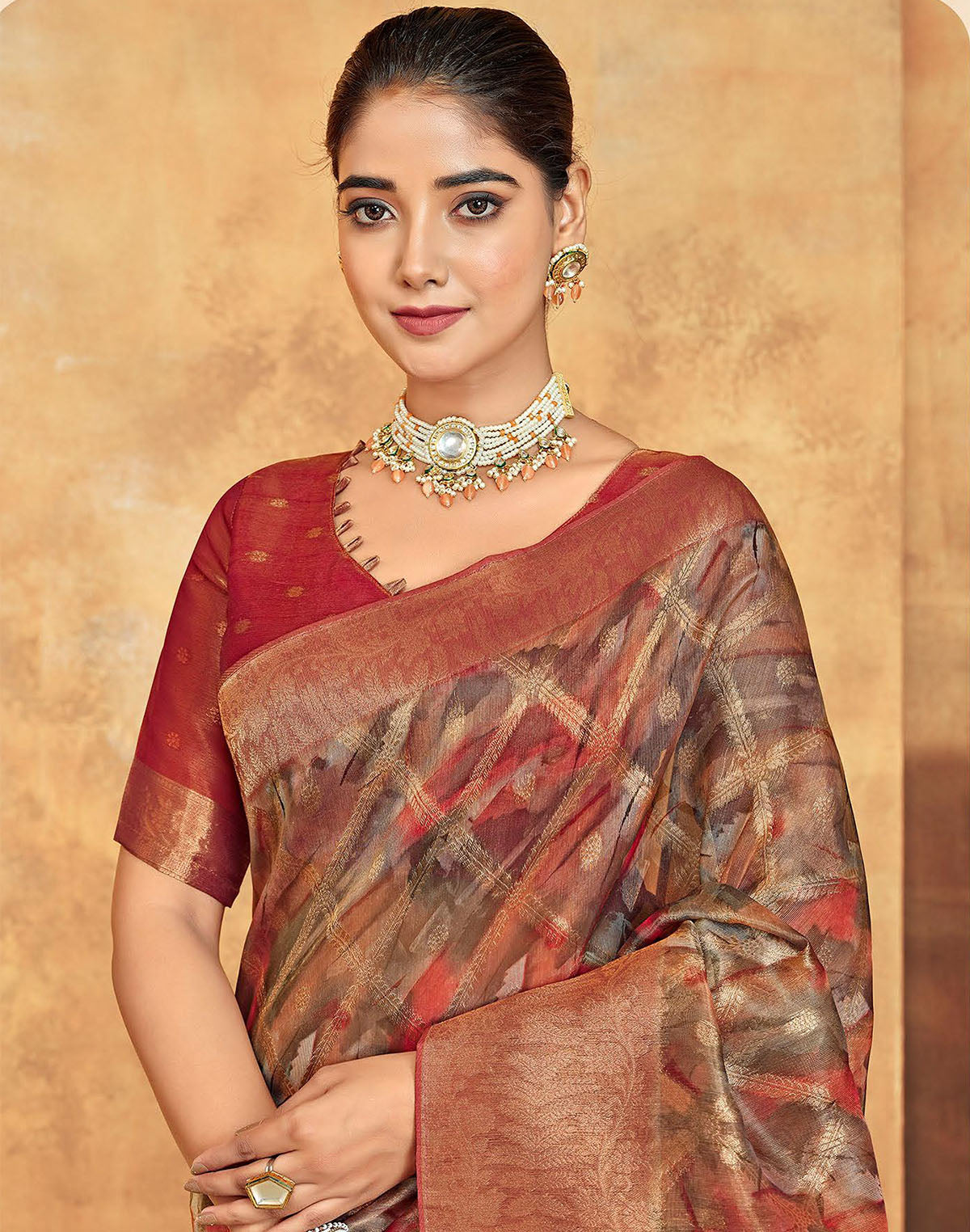 Brocade design Organza Red Saree