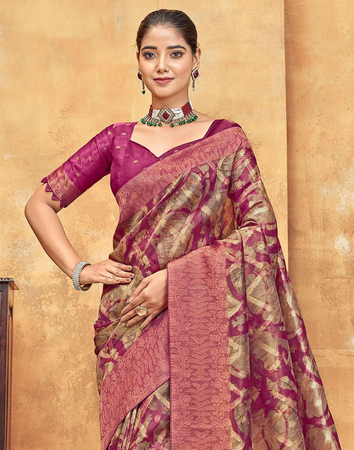 Dark Pink Organza Saree with Tussels