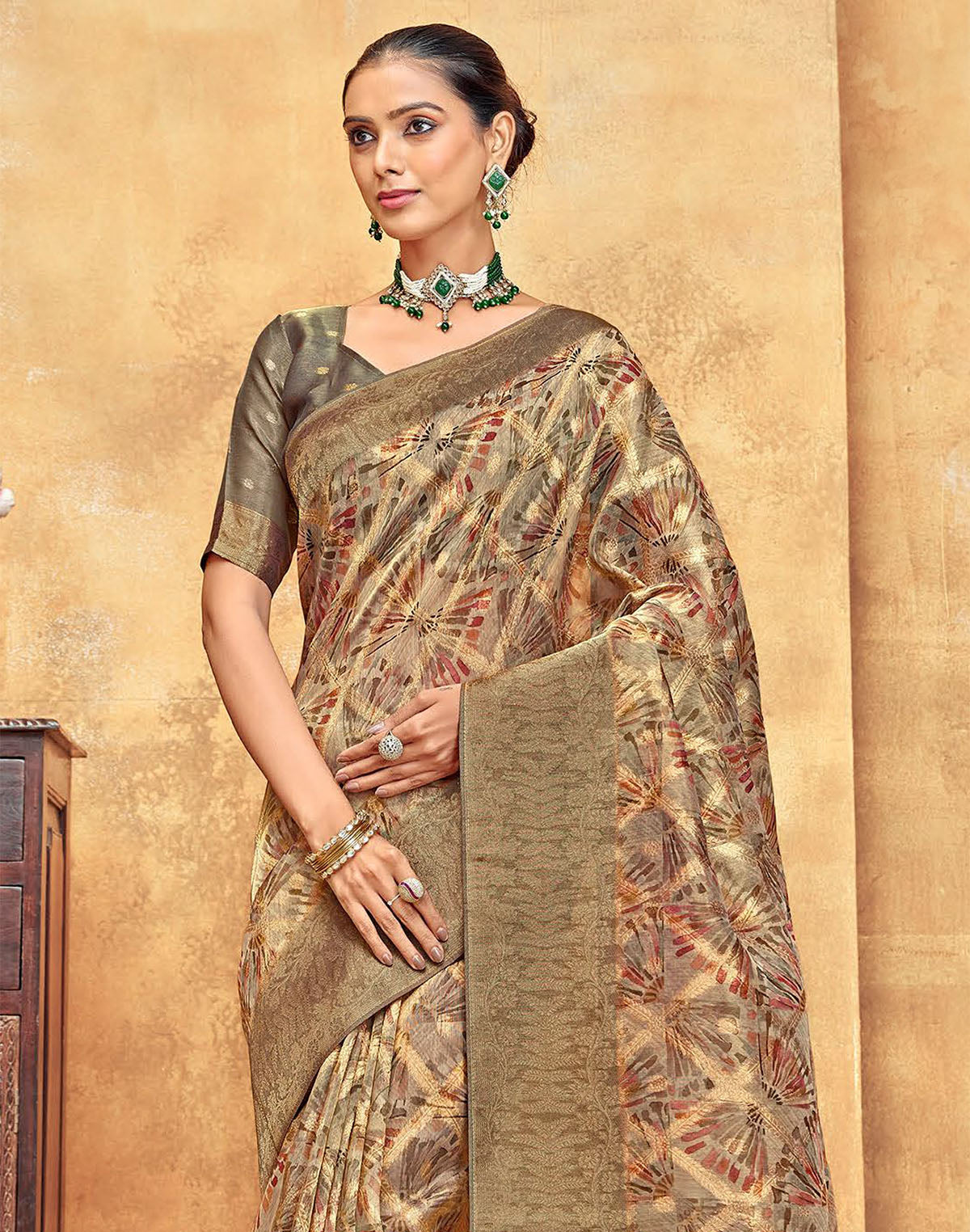 Beige Graphic design Organza Saree with Tussels