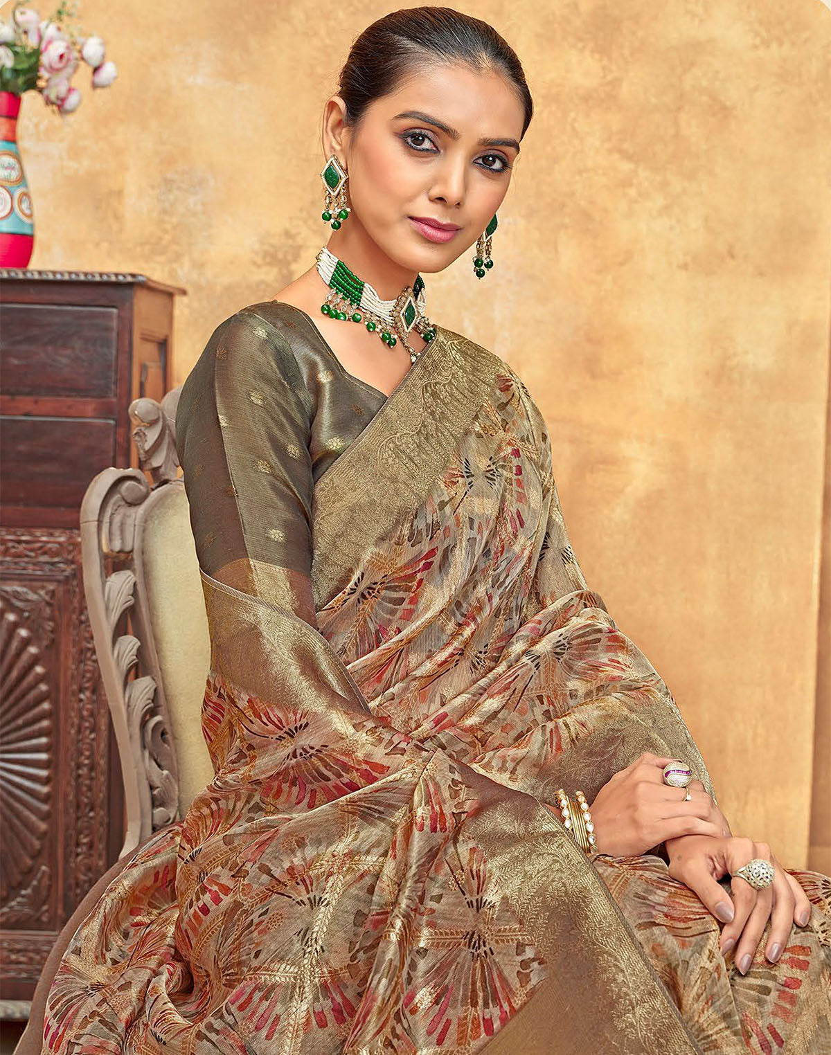 Beige Graphic design Organza Saree with Tussels