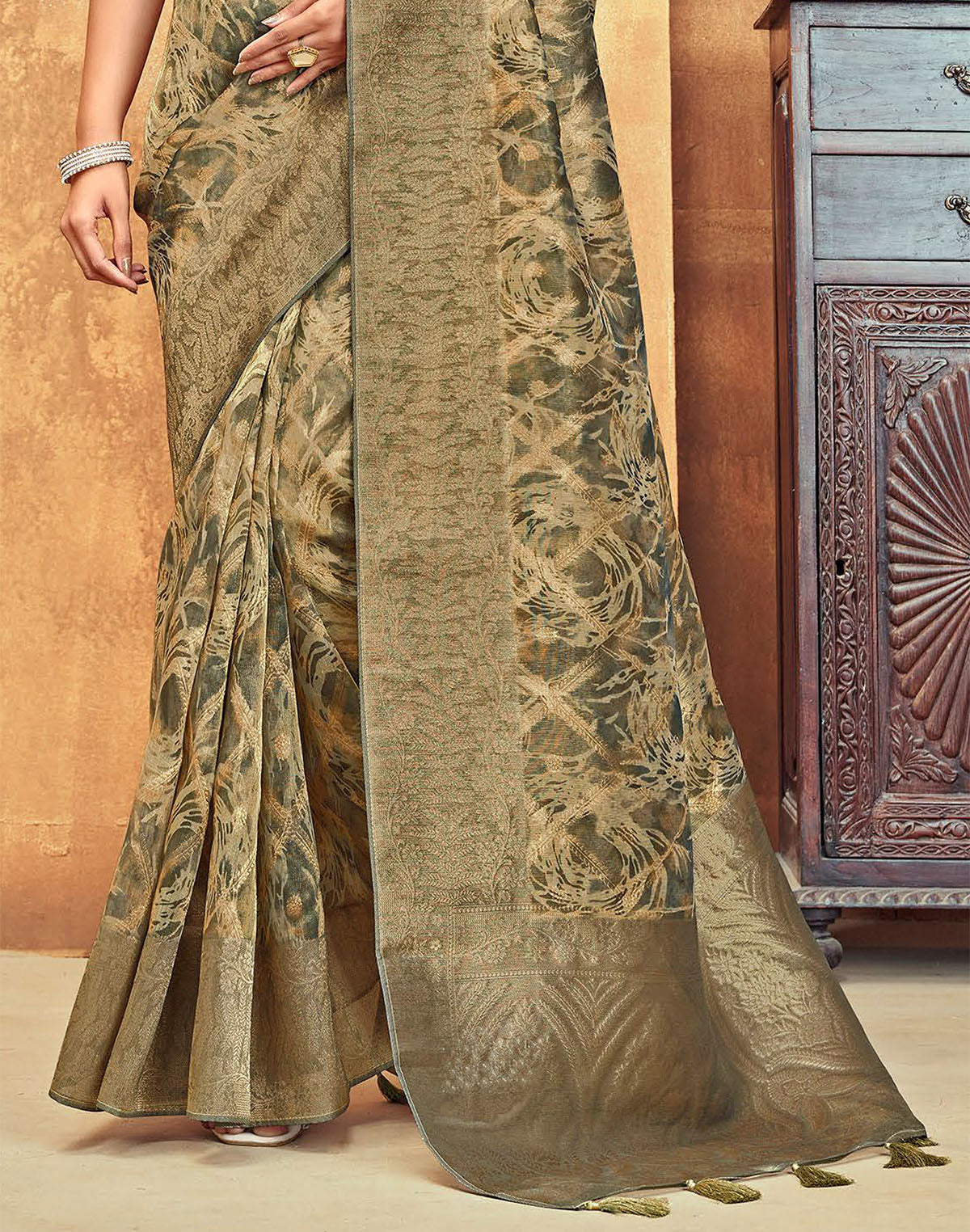 Light Mehendi Green Brocade design Organza Saree