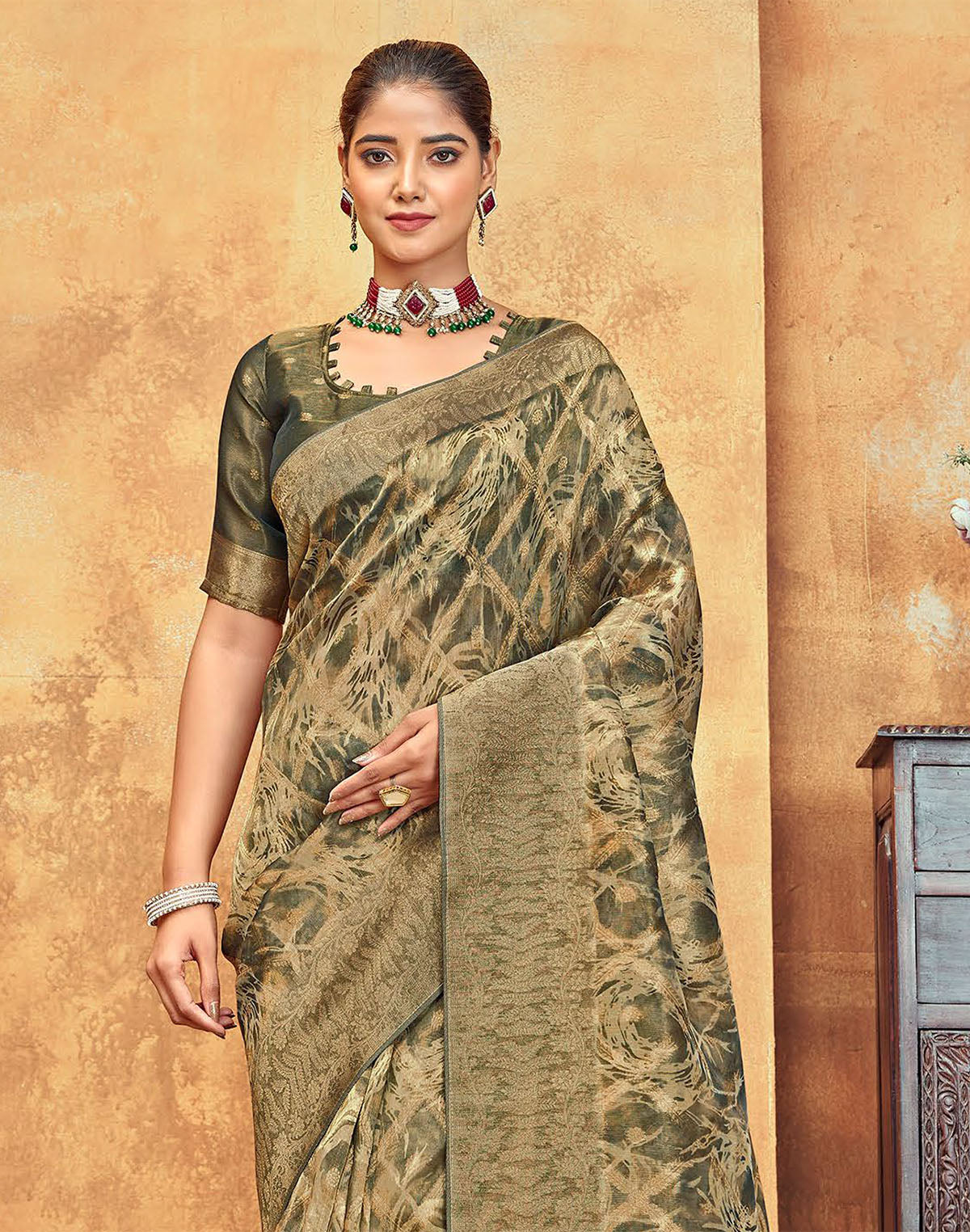 Light Mehendi Green Brocade design Organza Saree