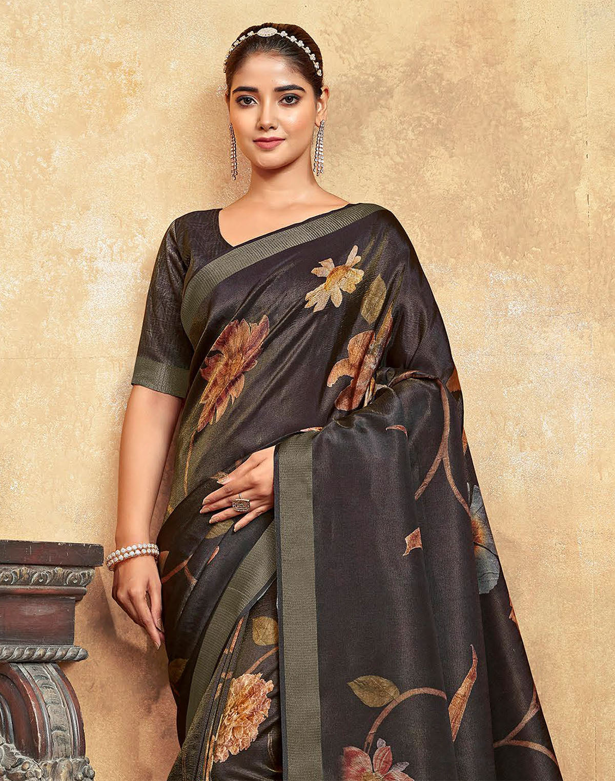 Black Floral Print Dola Silk Saree with Tussels