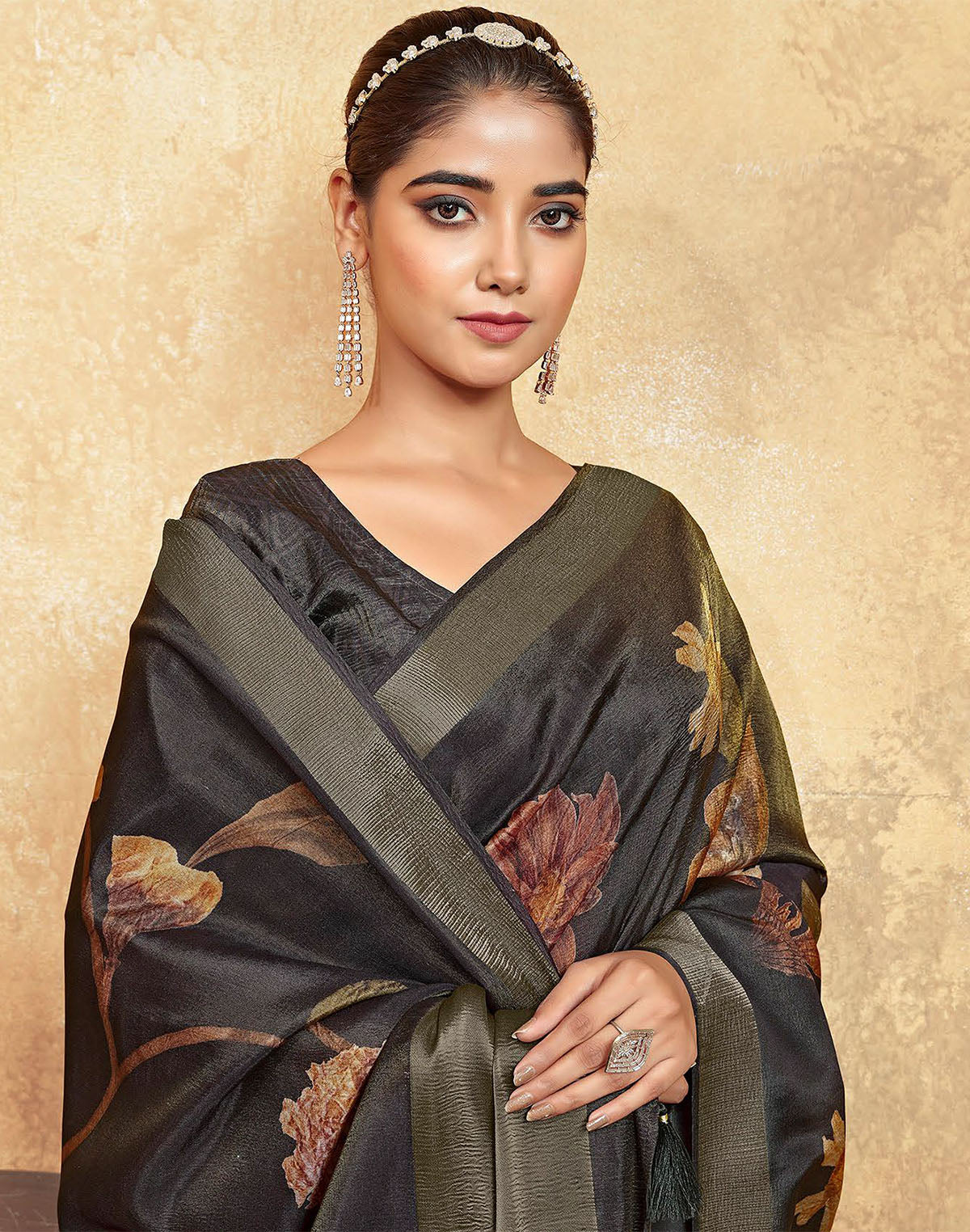 Black Floral Print Dola Silk Saree with Tussels