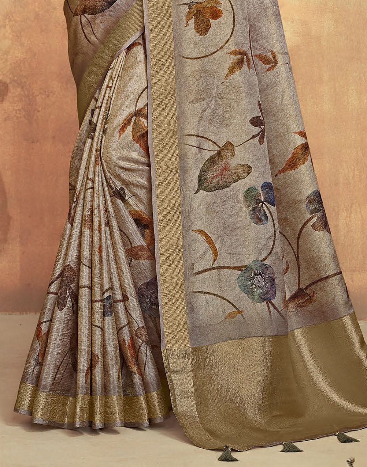 Ash Coloured Dola Silk Saree with Short Pallu