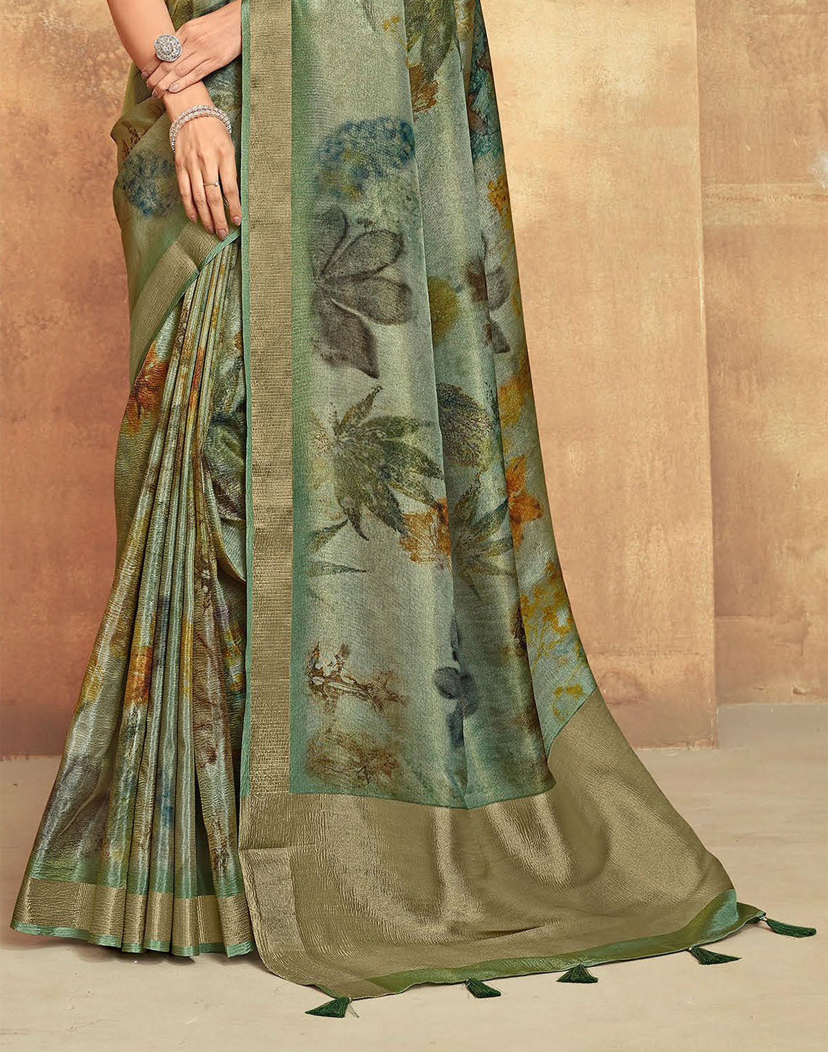 Green Dola Silk Saree with Tussels