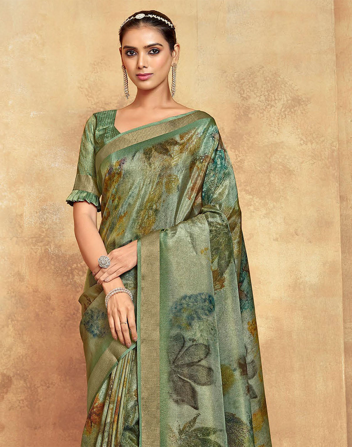 Green Dola Silk Saree with Tussels