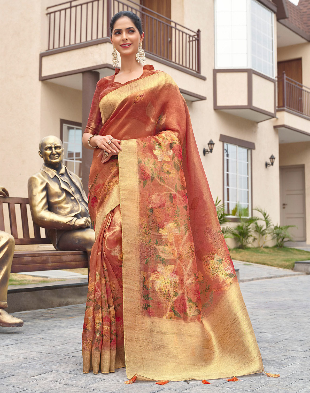 Orange Floral Print Organza Saree with Tussels