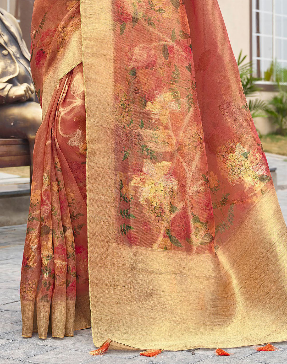 Orange Floral Print Organza Saree with Tussels