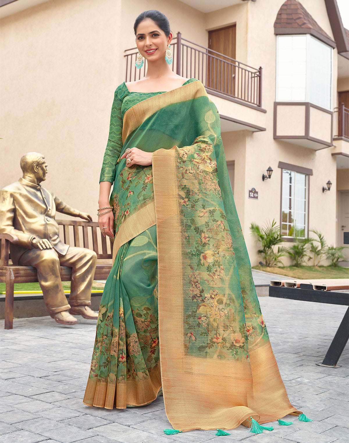 Light Rama Green Organza Floral Print Saree
