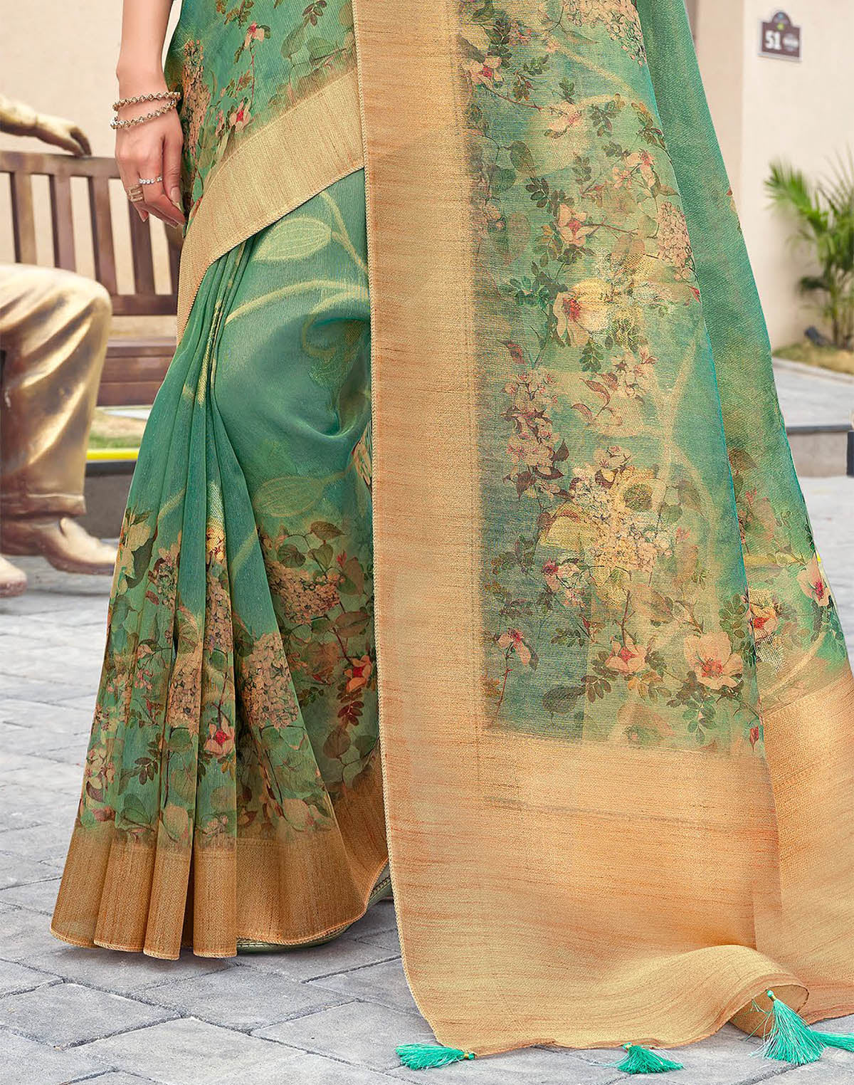 Light Rama Green Organza Floral Print Saree