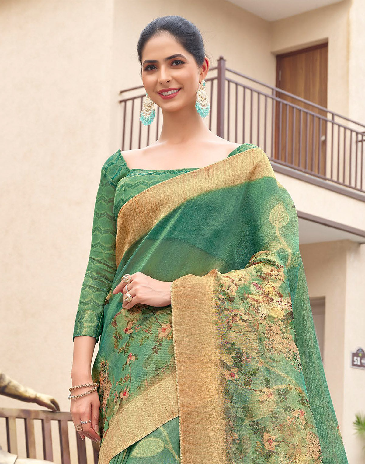 Light Rama Green Organza Floral Print Saree