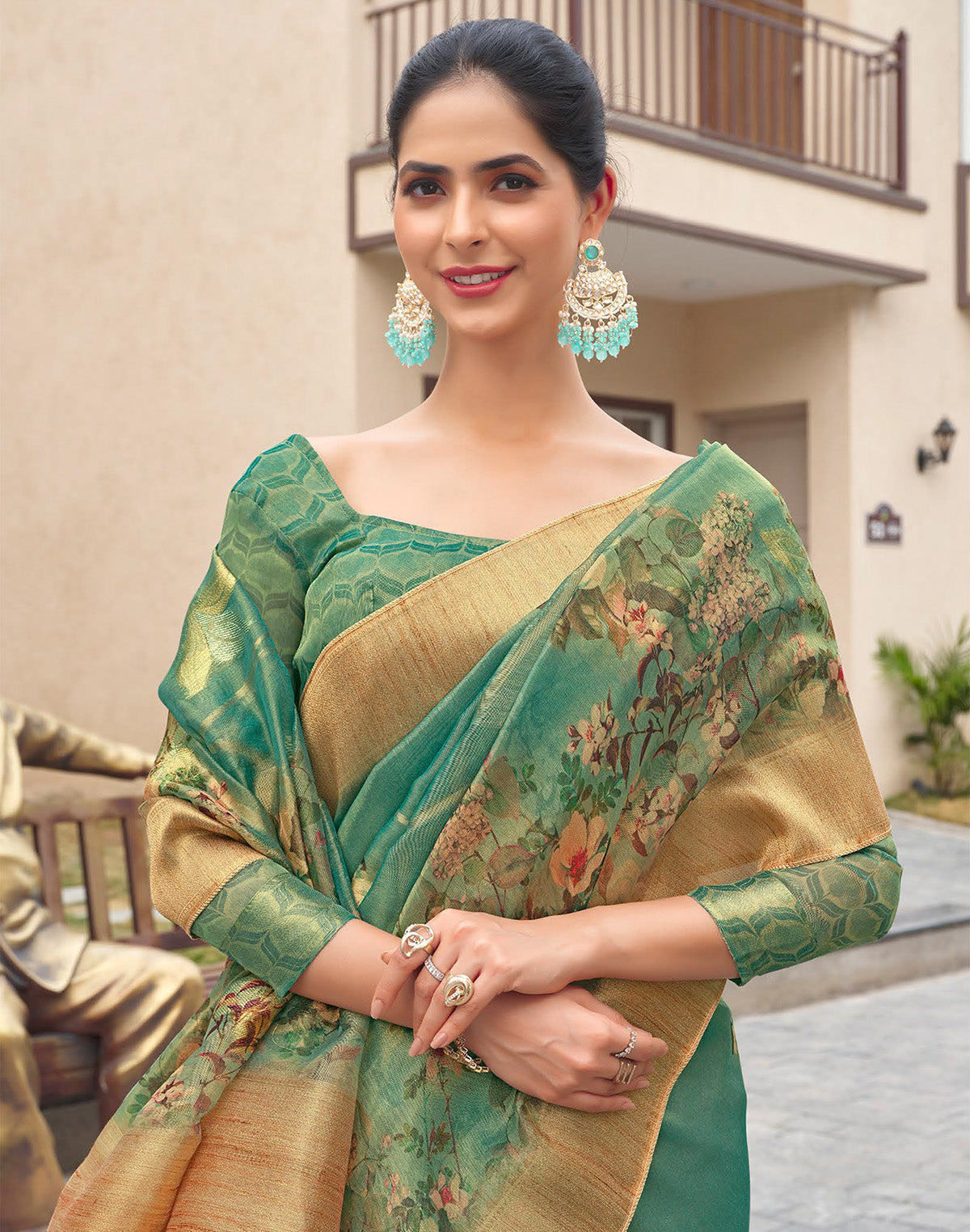 Light Rama Green Organza Floral Print Saree
