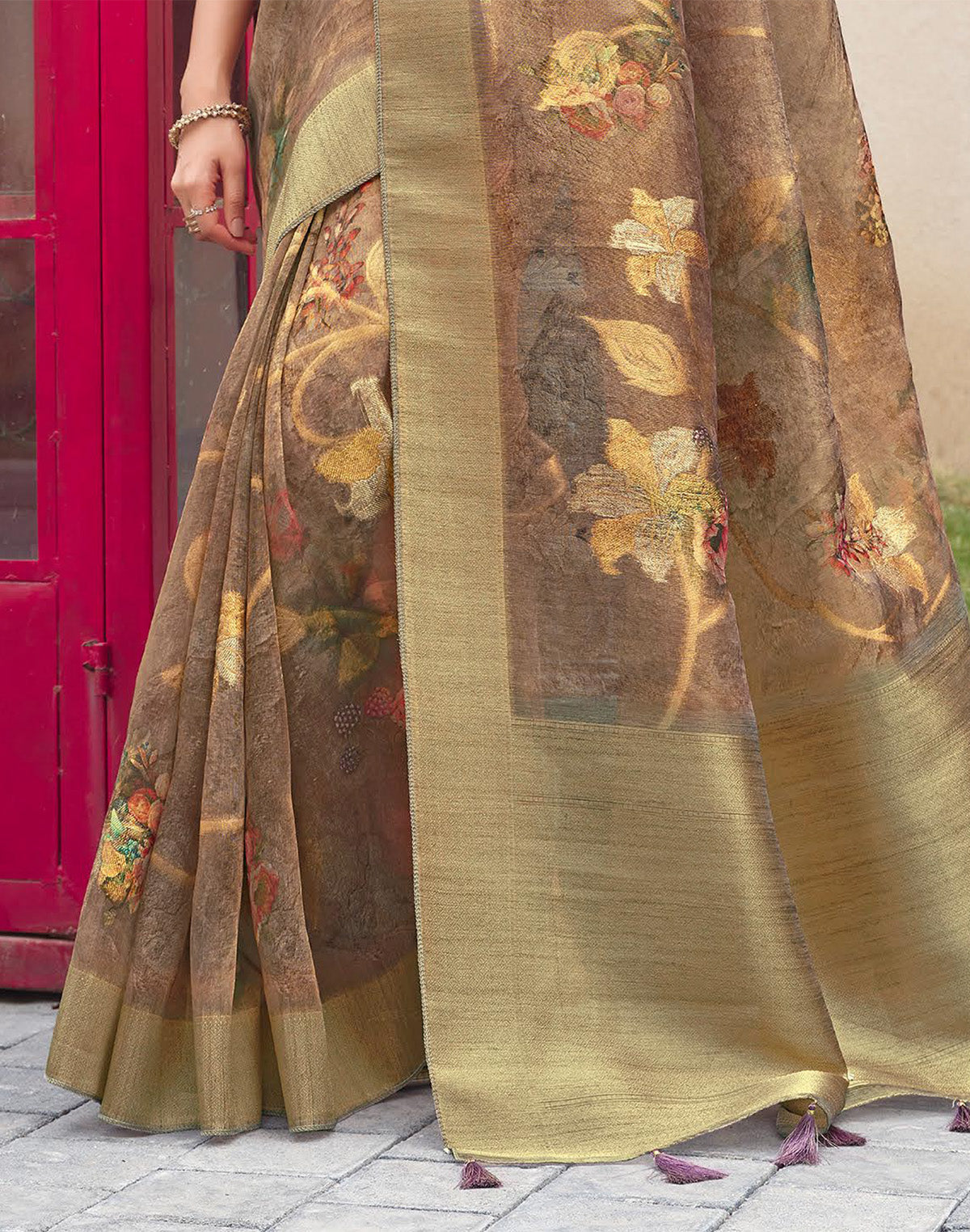 Brown Party Wear Organza Saree