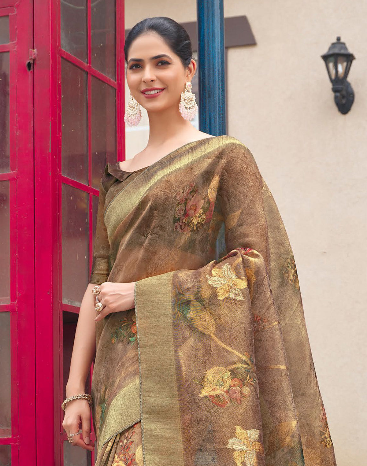 Brown Party Wear Organza Saree