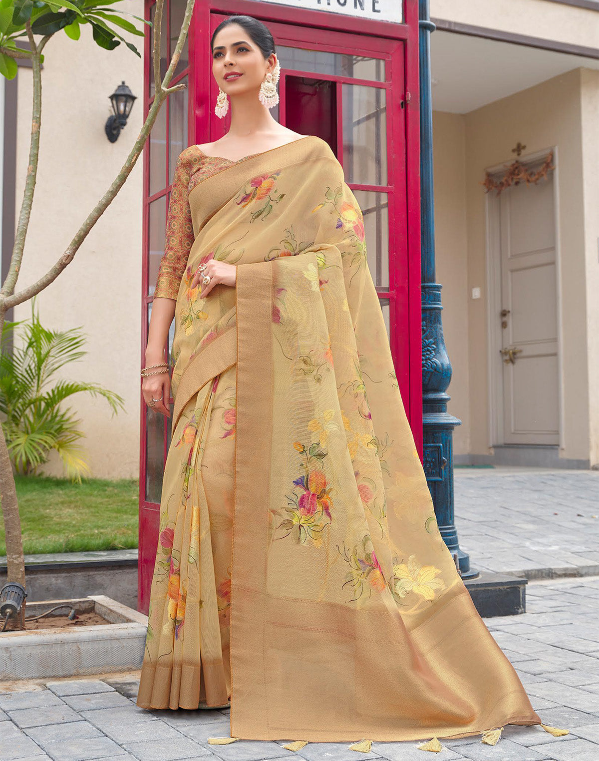 Stylish Beige Coloured Organza Floral Print Saree