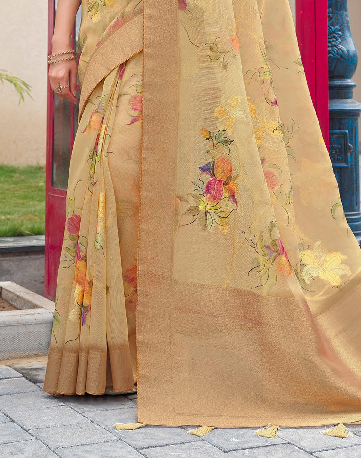 Stylish Beige Coloured Organza Floral Print Saree