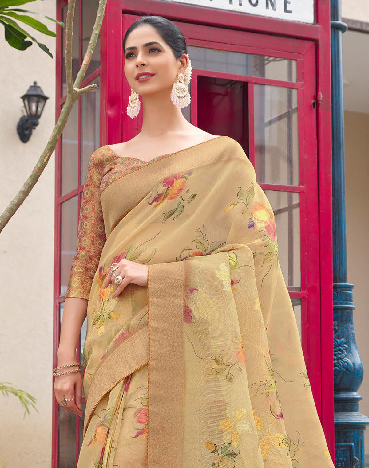 Stylish Beige Coloured Organza Floral Print Saree