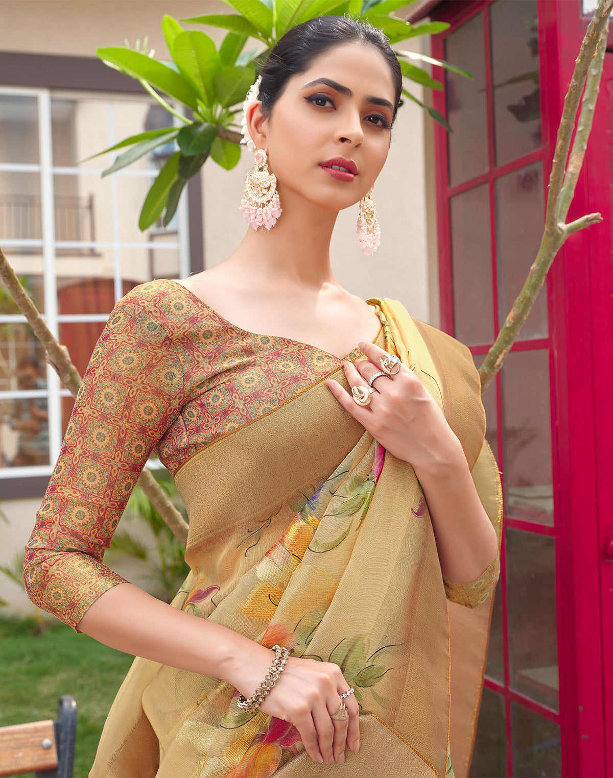 Stylish Beige Coloured Organza Floral Print Saree