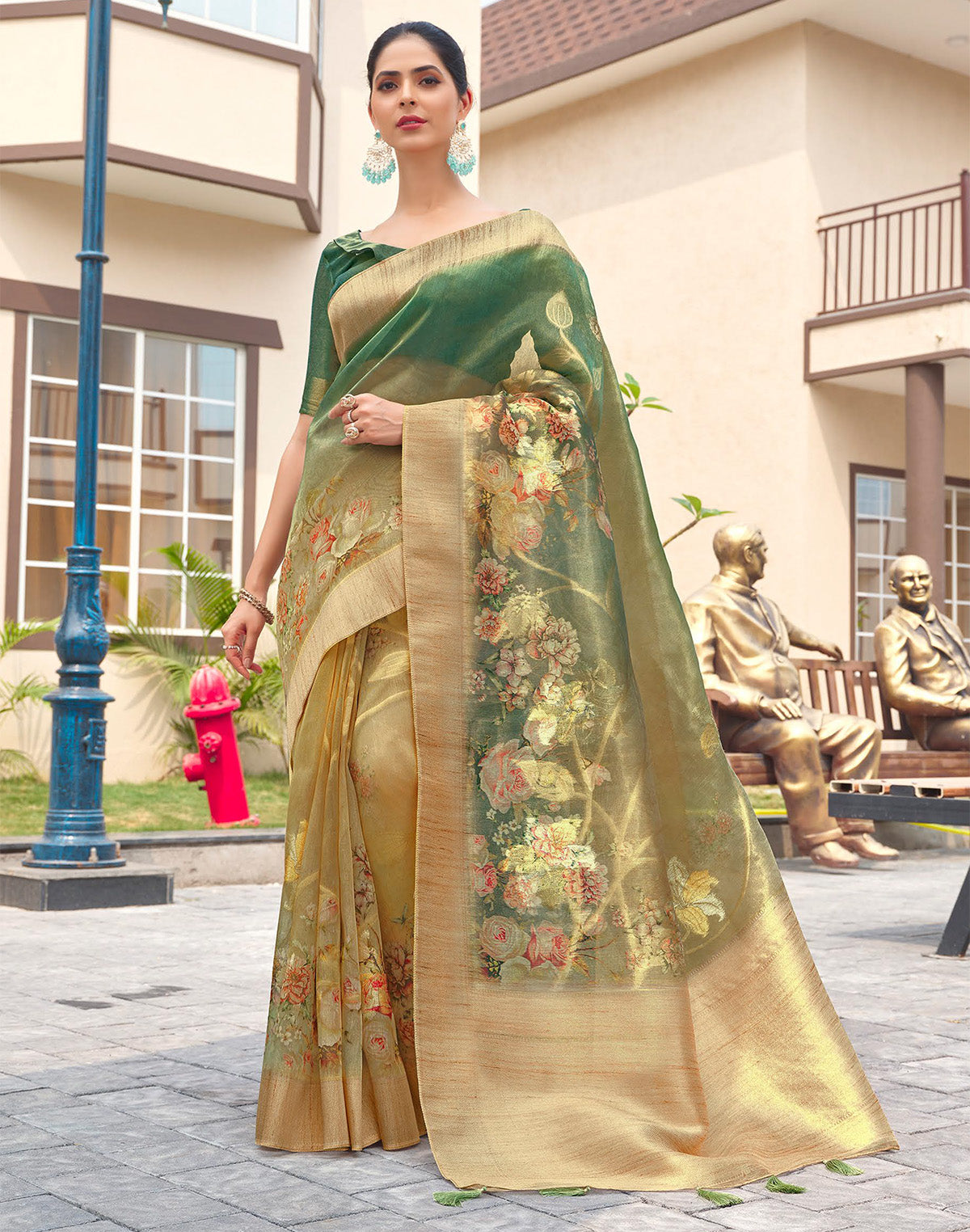Green Floral Digital Printed Party Wear Organza Saree