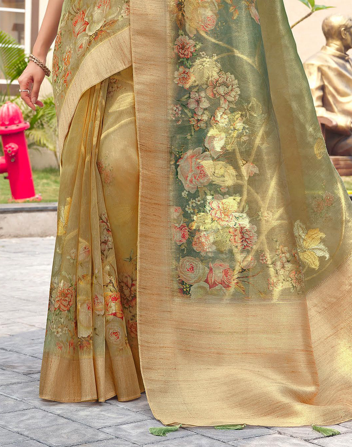 Green Floral Digital Printed Party Wear Organza Saree