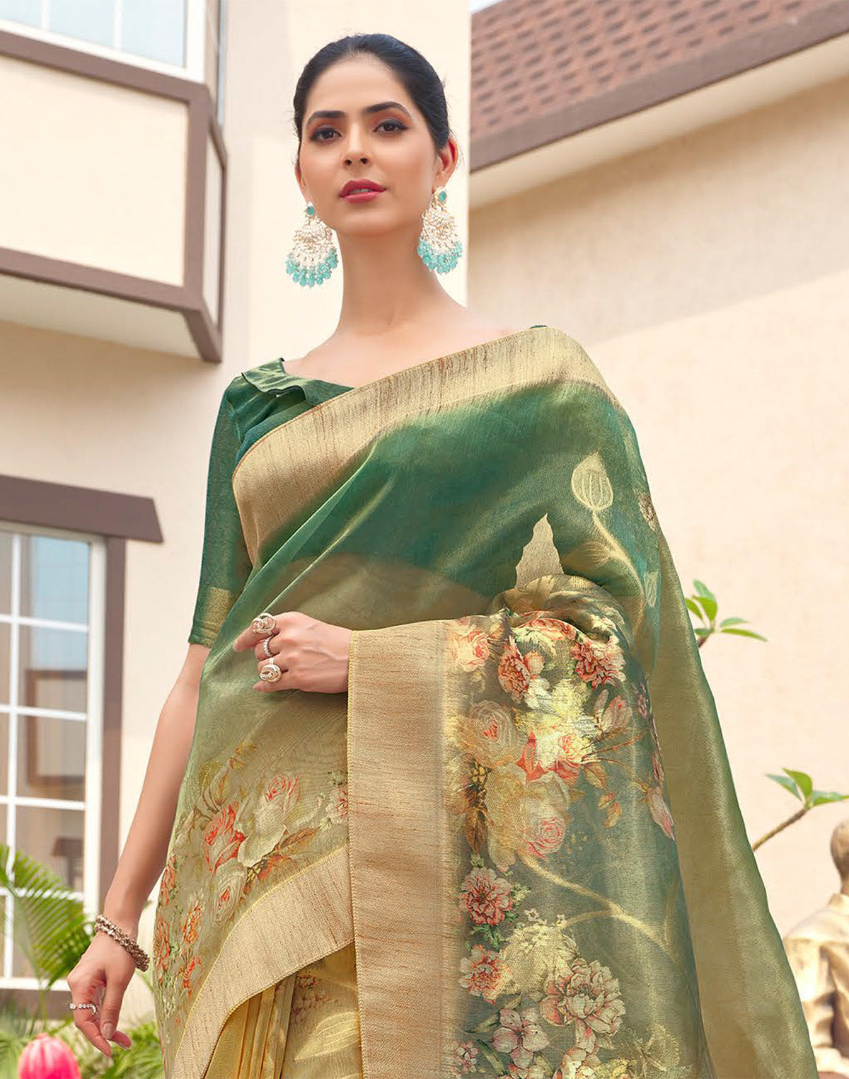 Green Floral Digital Printed Party Wear Organza Saree