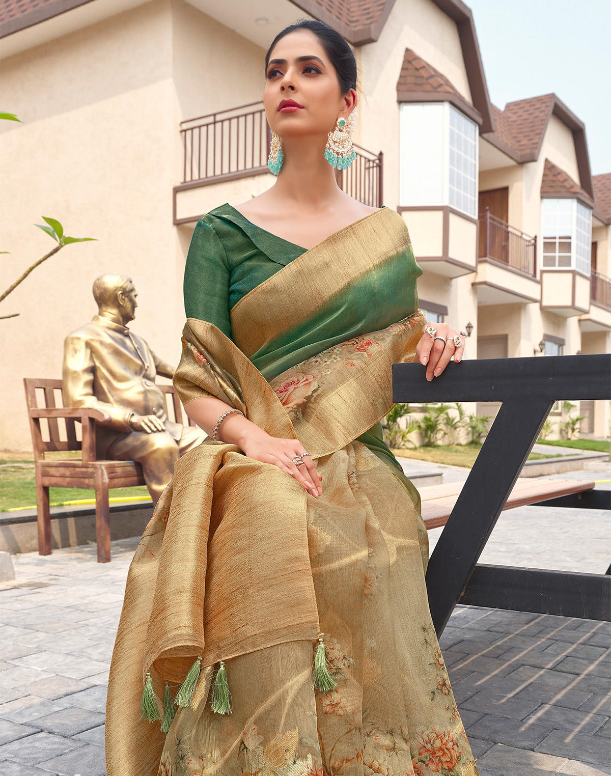 Green Floral Digital Printed Party Wear Organza Saree