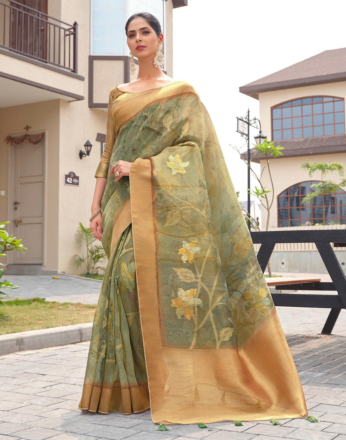 Sage Green Floral Organza Saree