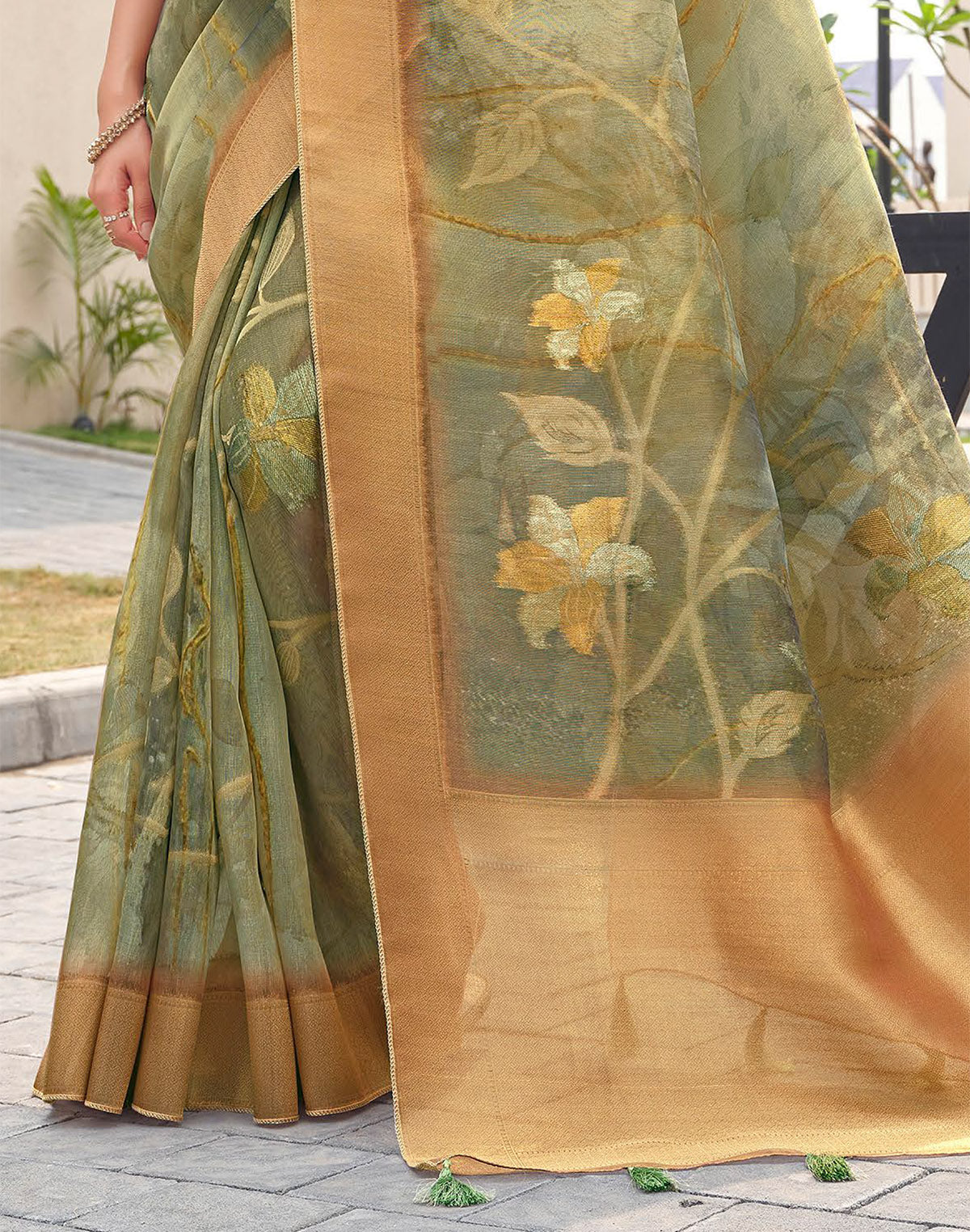 Sage Green Floral Organza Saree