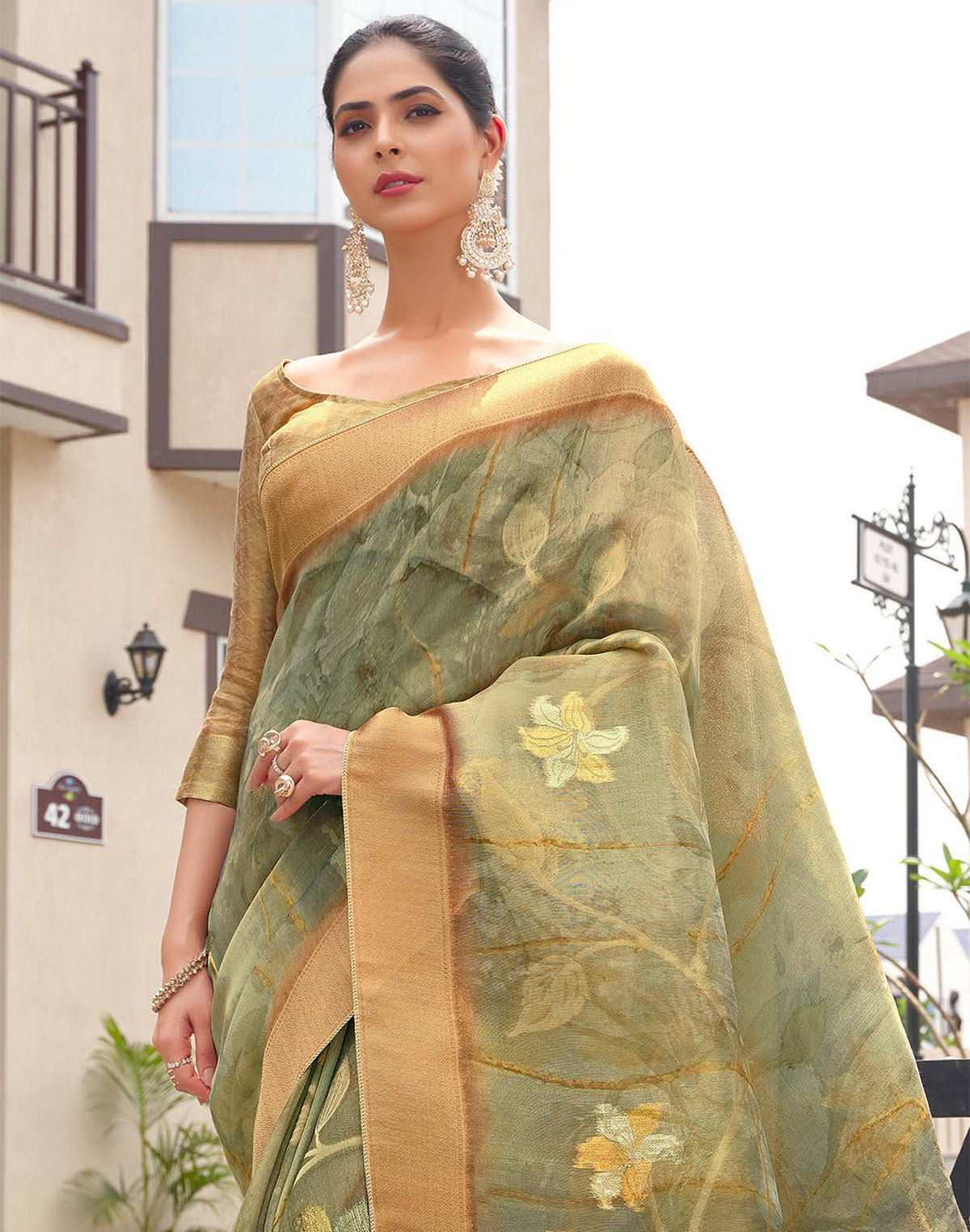 Sage Green Floral Organza Saree