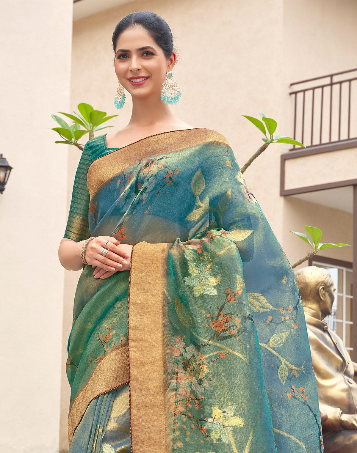 Blue Floral Digital Printed Organza Fabric Saree
