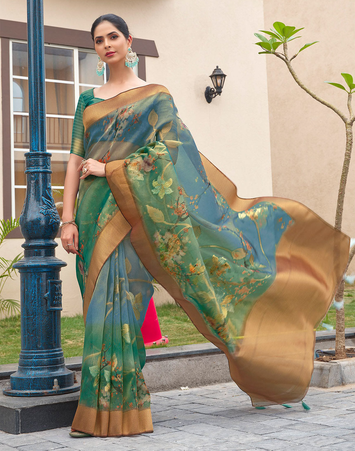 Blue Floral Digital Printed Organza Fabric Saree