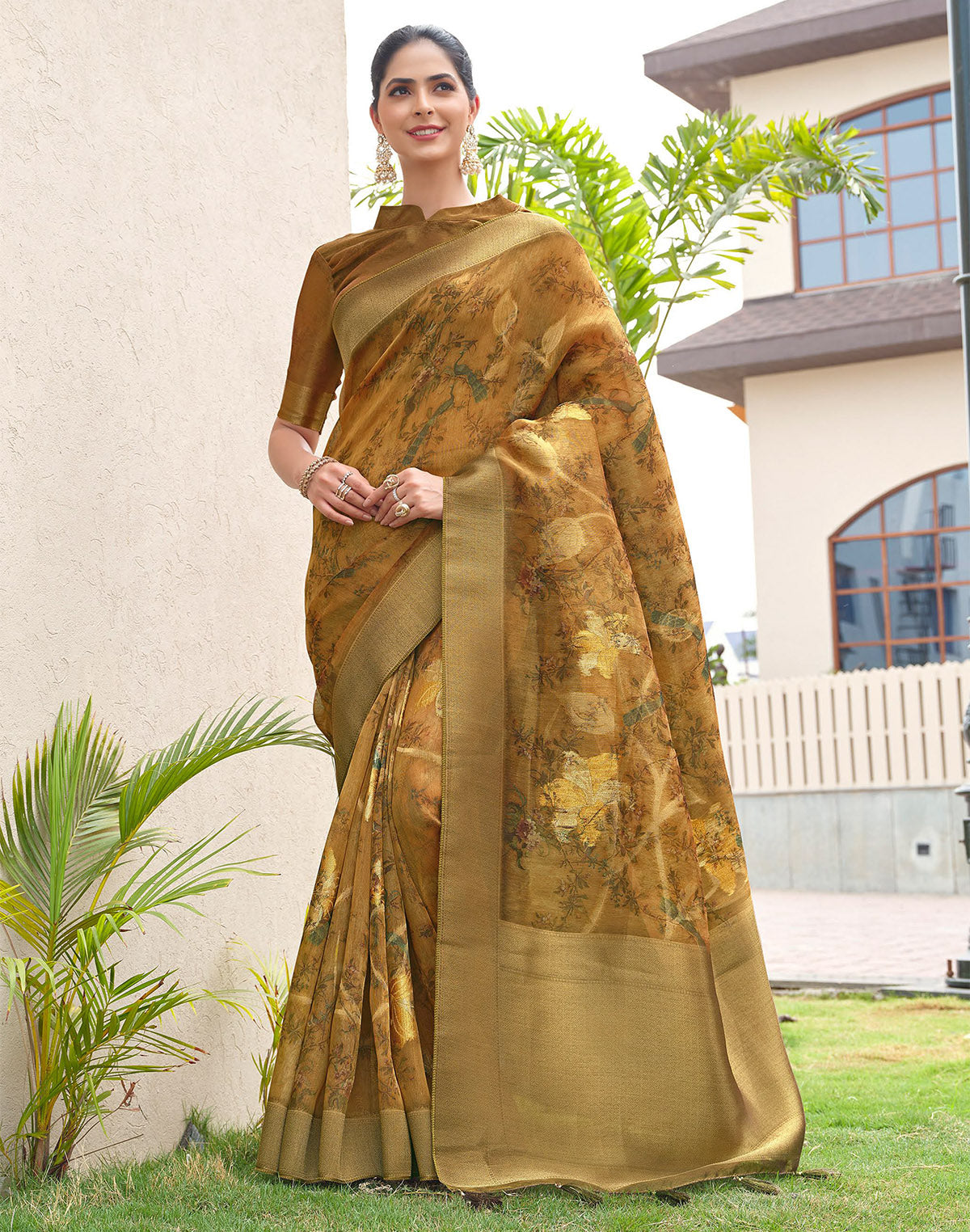 Dark Brown Floral Print Party Wear Organza Saree