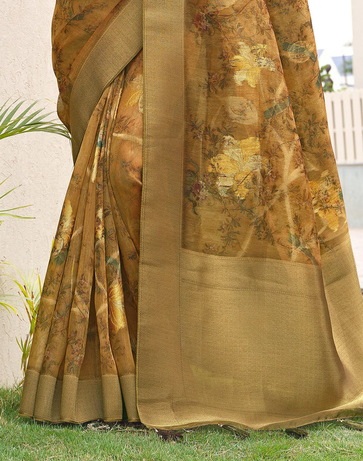 Dark Brown Floral Print Party Wear Organza Saree