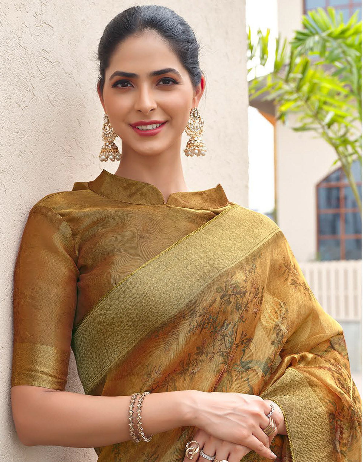 Dark Brown Floral Print Party Wear Organza Saree
