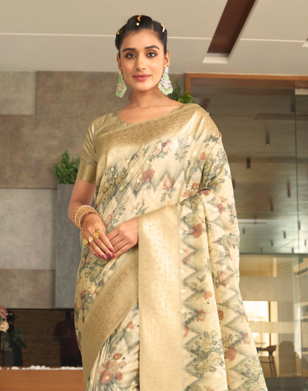 Digital Print Art Silk Saree in Cream