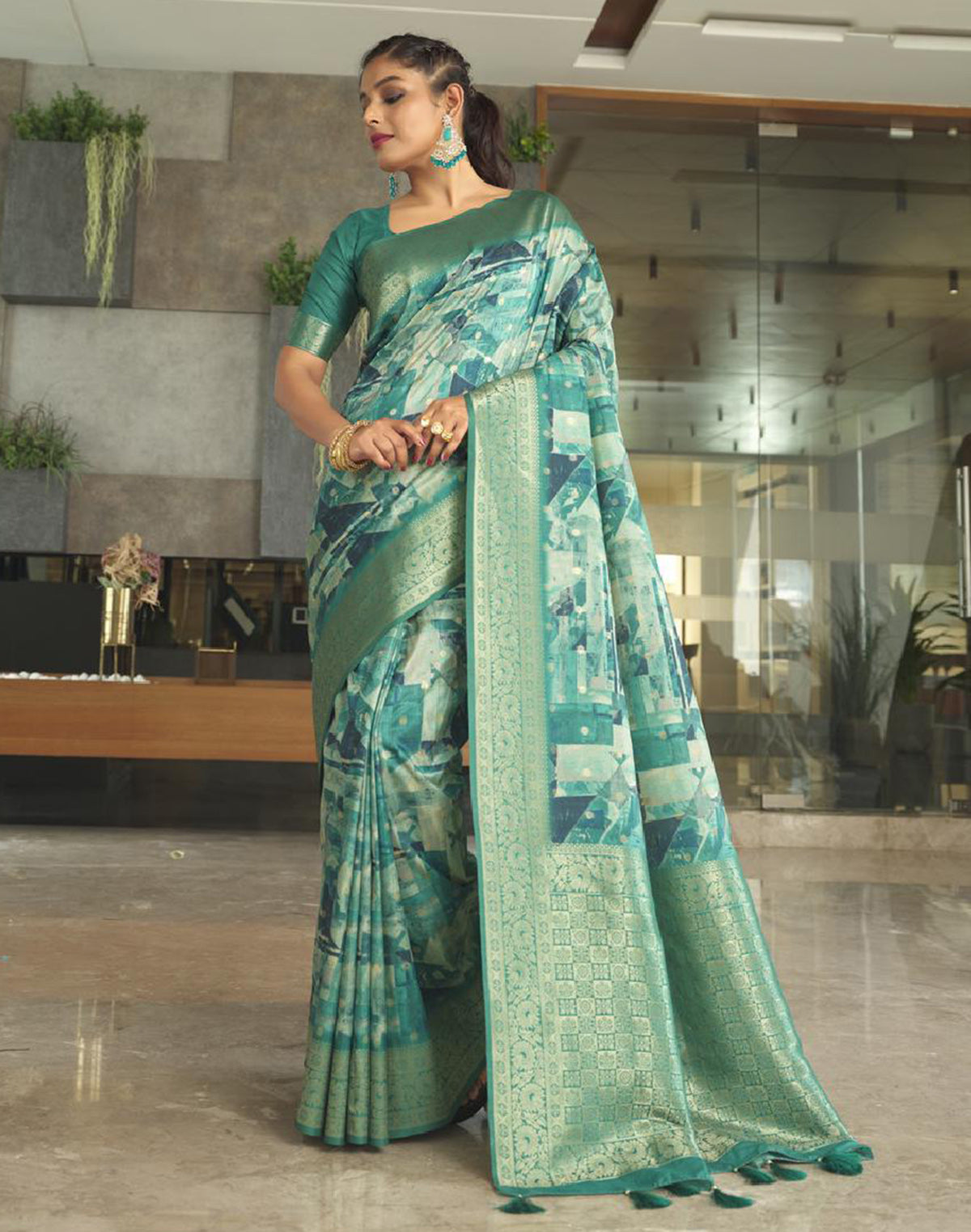 Teal Blue Art Silk Digital Print Saree