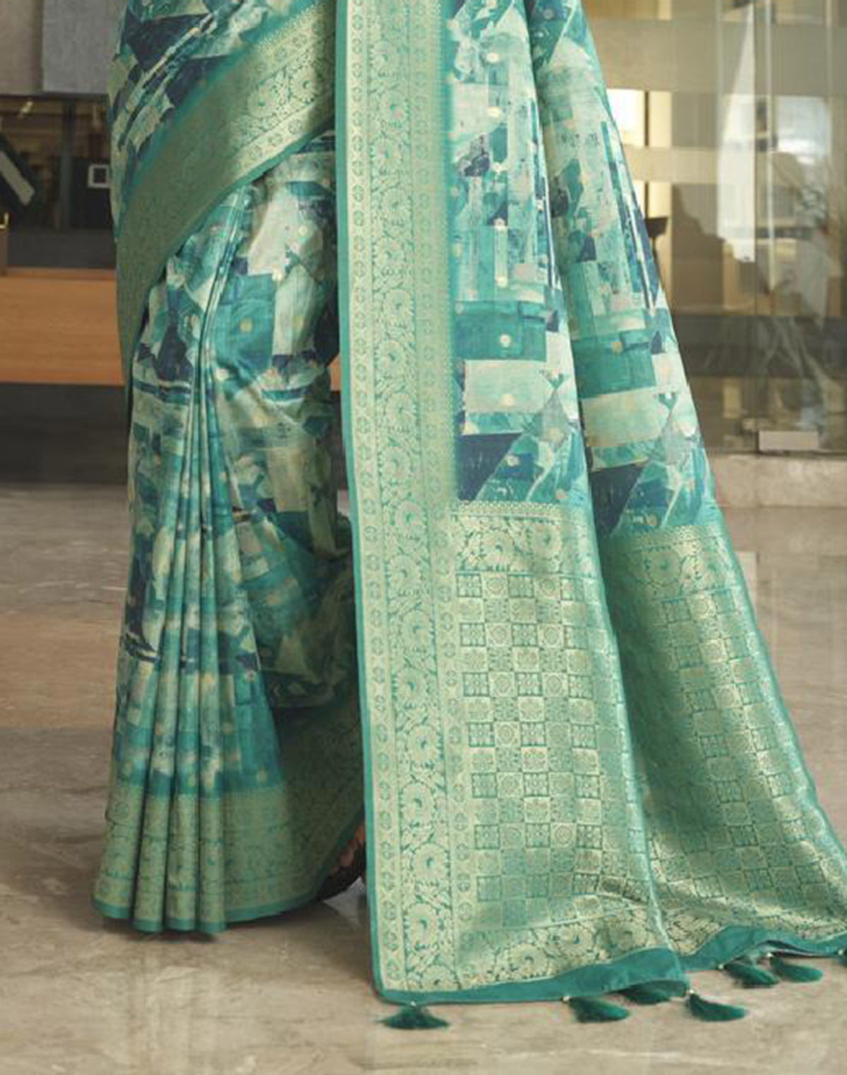 Teal Blue Art Silk Digital Print Saree