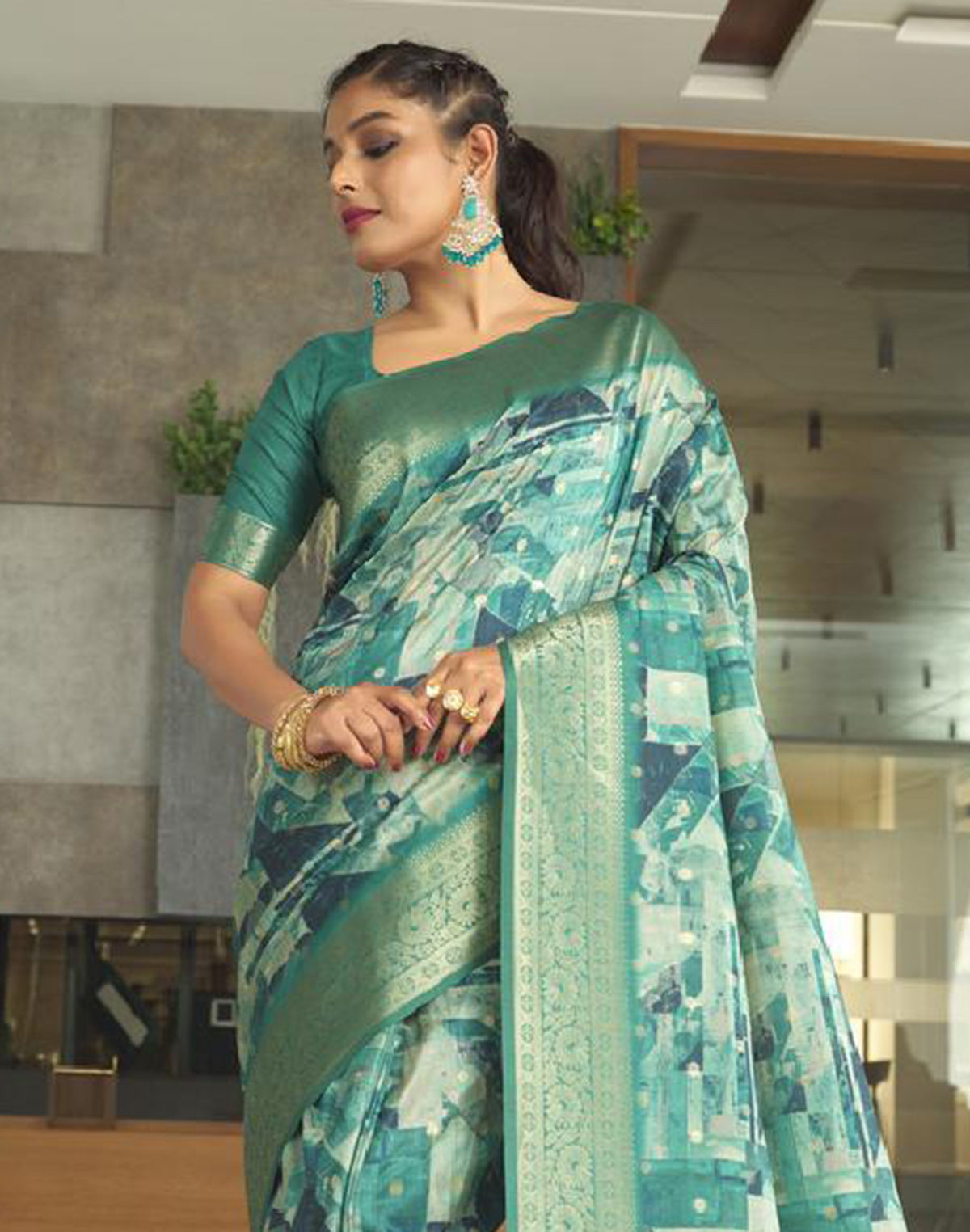 Teal Blue Art Silk Digital Print Saree