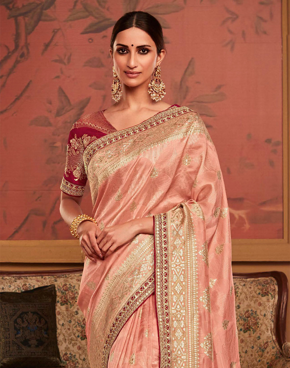 Peach Floral Design Dola Silk Saree with work Blouse