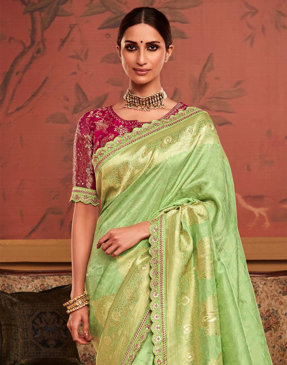 Pista Green Designer Dola Silk Saree With Embroidery work Blouse