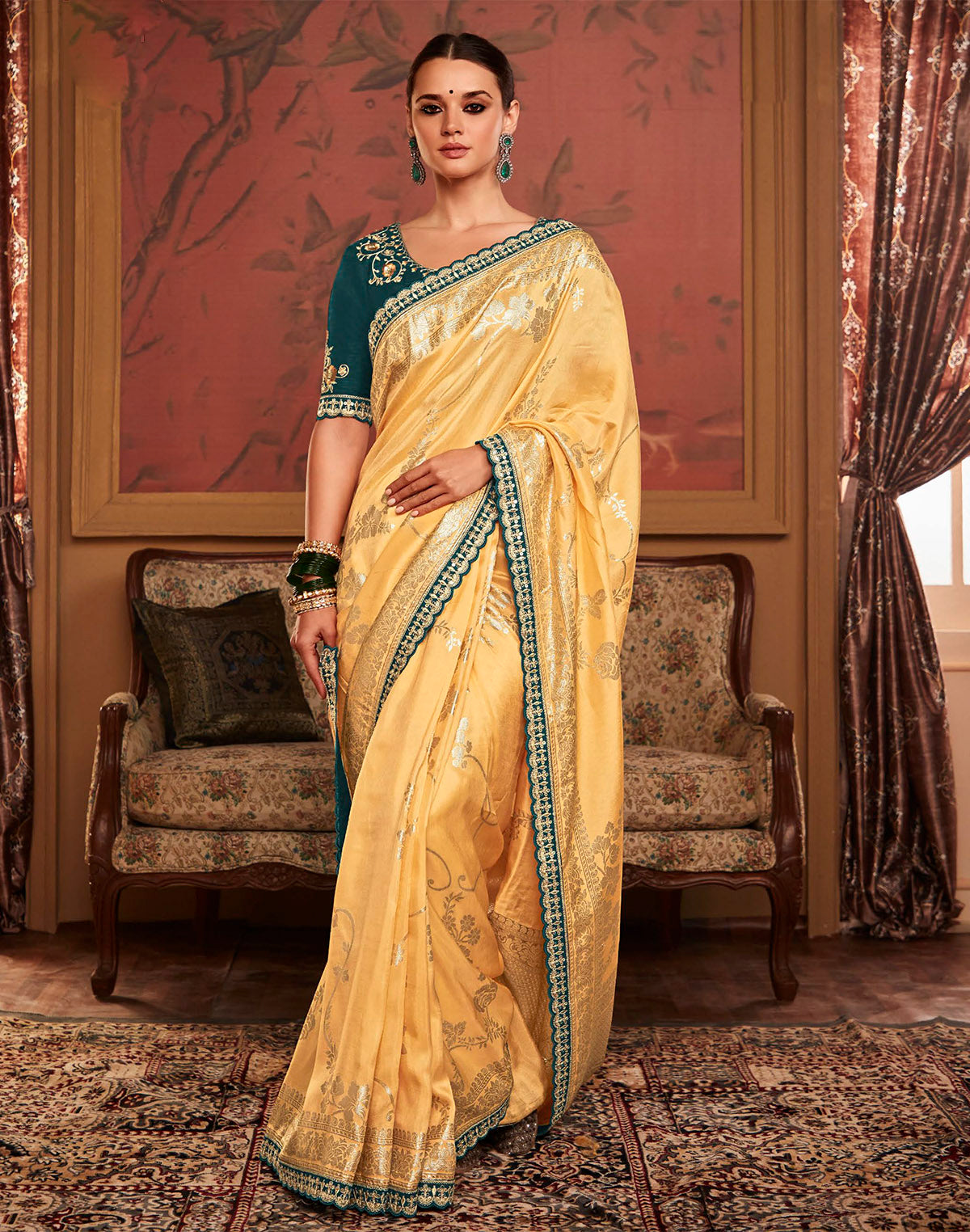 Light Yellow Floral Design Dola Silk Saree with Embroidered Blouse